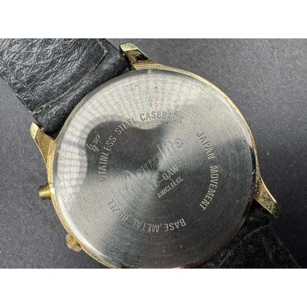 Vintage Aqualite Moon Phase Watch Women Quartz Made Gold Tone Black Leather Band